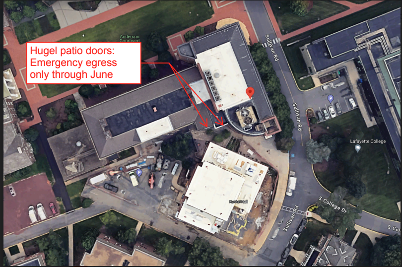 Aerial view of Hugel Science Center with text reading: Hugel Patio doors: Emergency egress only through June